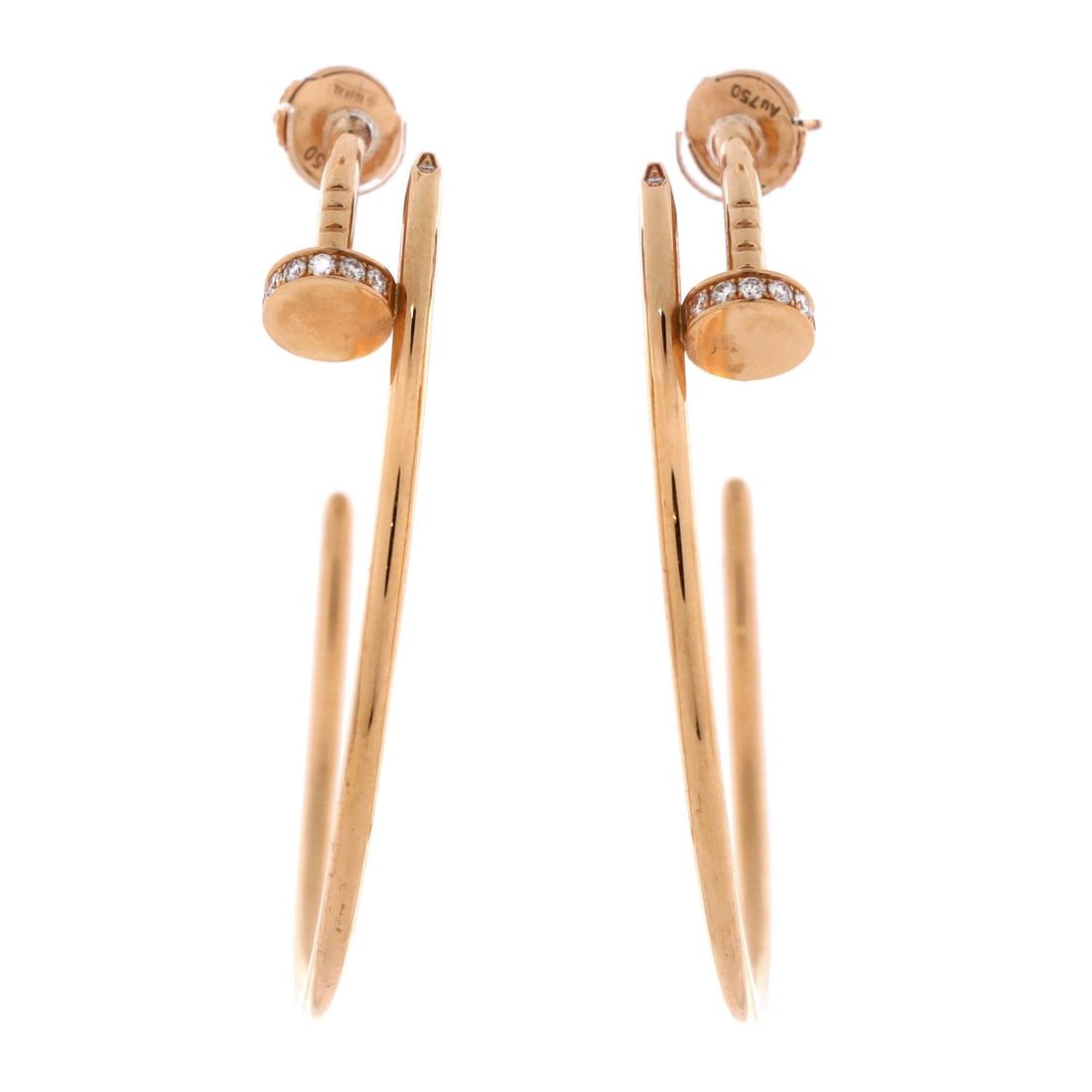 Cartier Juste un Clou Hoop Earrings 18K Rose Gold with Diamonds: Rose gold hoops with diamonds, 27 mm in drop against a 45 mm width, which gives a broad flattened profile rather than a true circle. The stones sharpen the outline in daylight in a way the plain versi