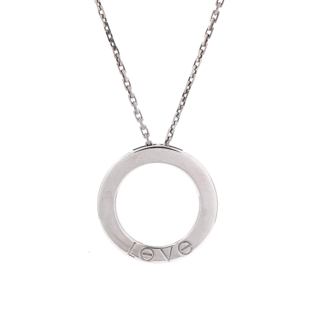 Cartier 6 Diamonds Love Pendant Necklace 18K White Gold and Diamonds: Six diamonds across a 23.65 mm white gold plaque make this the brightest reading of the Love pendant, with stones taking over most of the screw positions. The chain is fixed at 16.5 inches, which sets