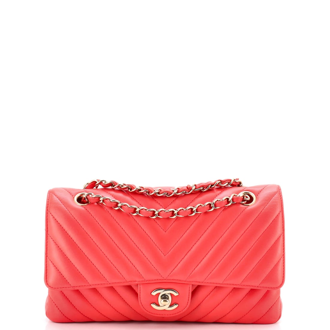Chanel Classic Double Flap Bag Chevron Lambskin: Lambskin chevron is the softest way the Classic comes, and the diagonals pull the eye across a 10 inch width. Doubled, the chain sits at 9 inches for shoulder carry; opened to 17 it drops toward the h
