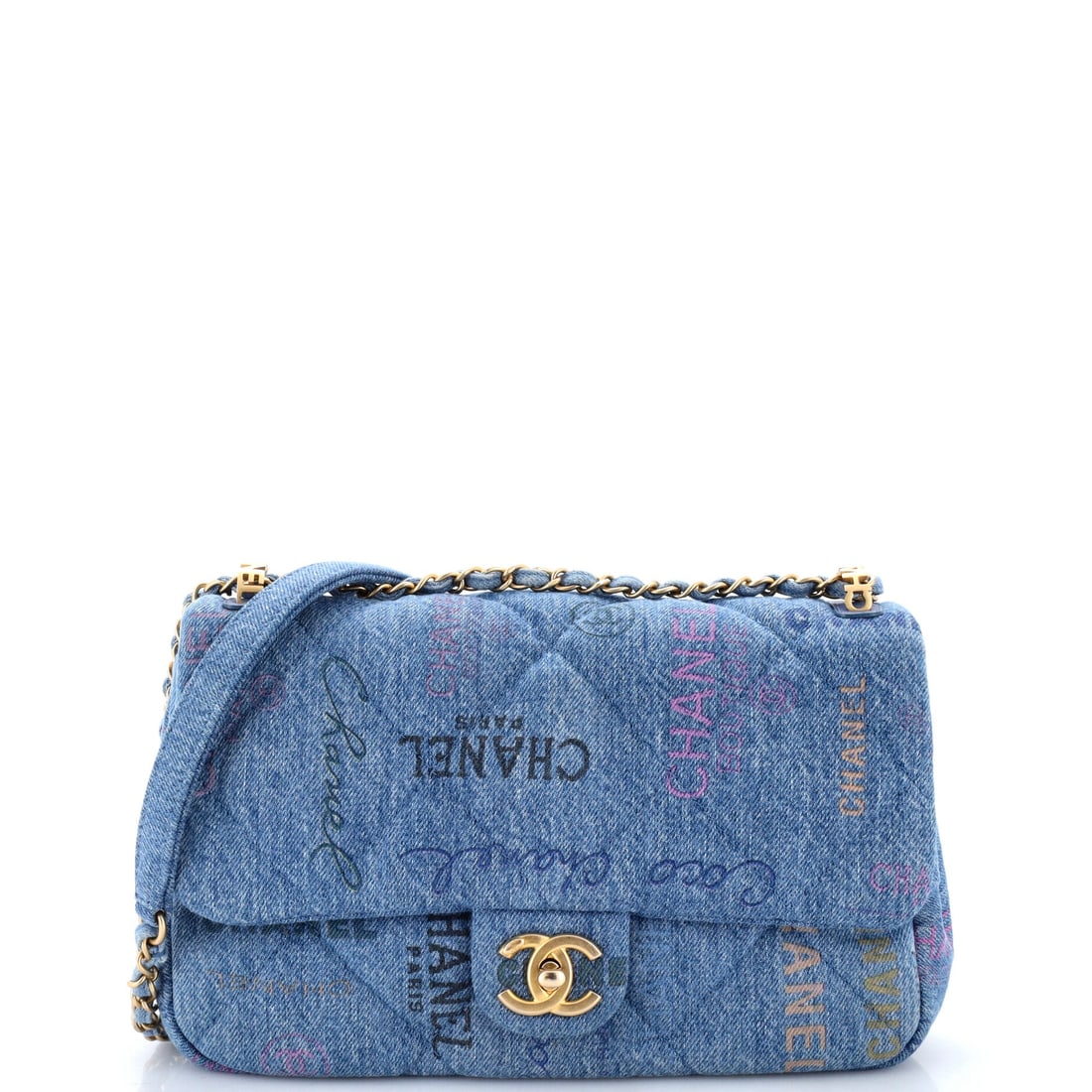Chanel Denim Mood Flap Bag Logo Printed Quilted Denim: Logo-printed denim on a 10 inch wide flap is the loudest version of this model, with the print scaled up to match the panel. This one is Grade A - Pristine. A 3 inch depth and 6.5 inch height make it 