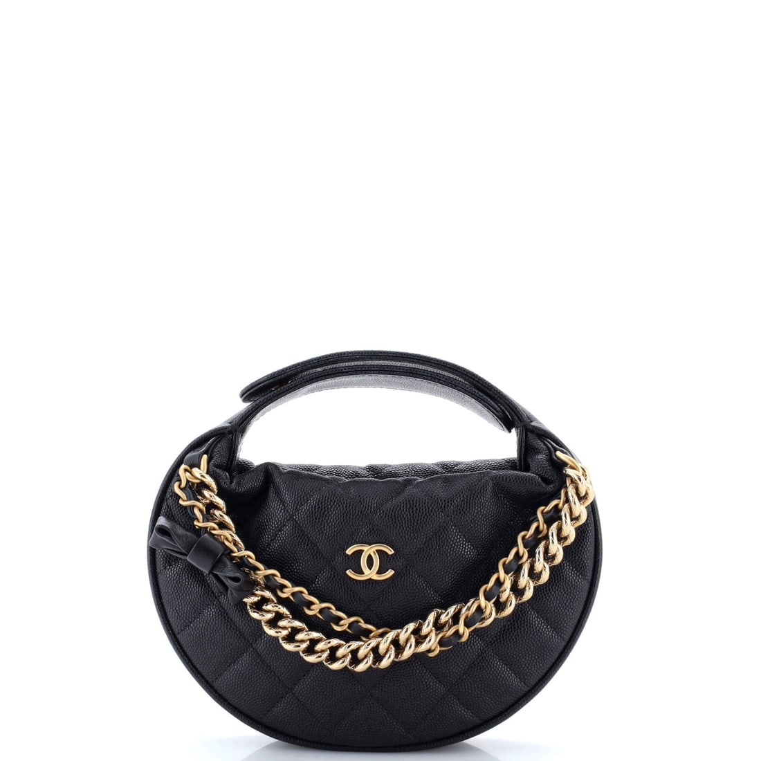 Chanel Double Chain Bow Hobo Pouch Quilted Caviar: Quilted caviar gives this Double Chain Bow Hobo Pouch its backbone, the grained leather holding shape where lambskin would collapse. Seven inches wide against 6.5 high and 3 deep makes a squat, genero