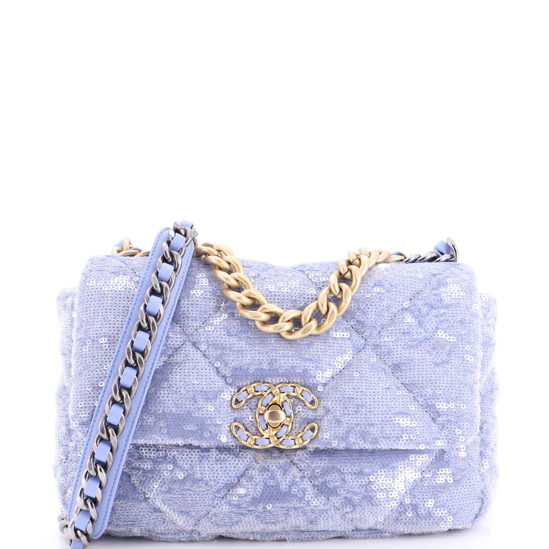 Chanel 19 Flap Bag Quilted Sequins: Evening scale is the argument here: 9.5 inches wide, 6 high and 3 deep, with the 19's unstructured body giving under the arm instead of holding a rigid line. The leather-threaded mixed-metal chain run