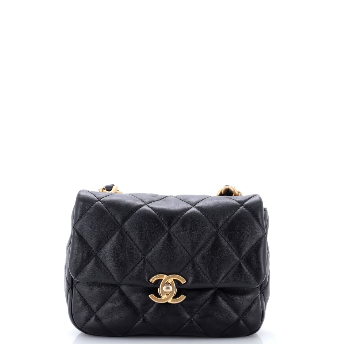 Chanel Lacquered Metal CC Flap Bag Quilted Lambskin: Chain drop of 22 inches is the first thing to know about this small flap, long enough for crossbody wear and easy to double onto the shoulder. Behind it sit lambskin quilting and a lacquered CC closur