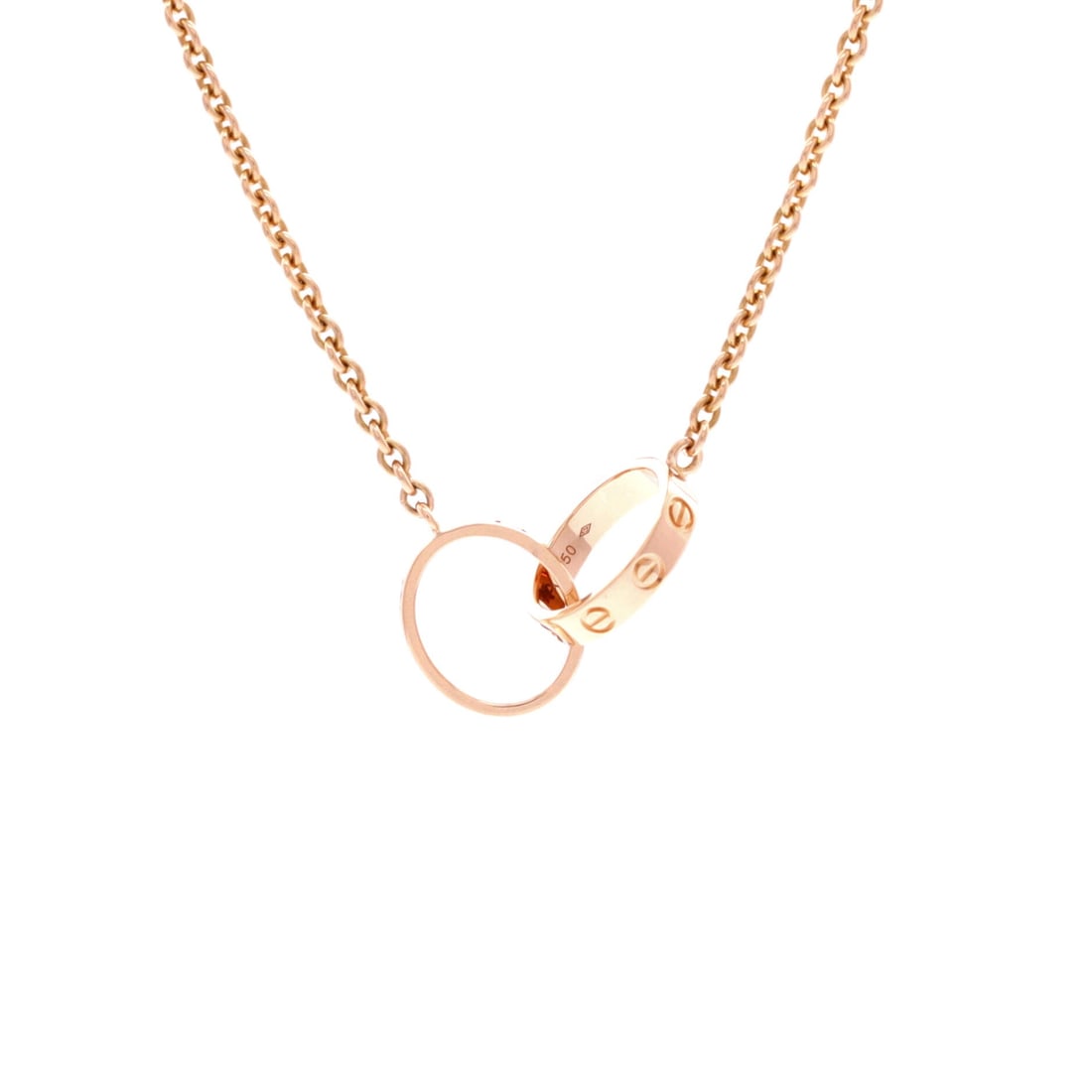 Cartier Love Interlocking Necklace 18K Rose Gold: A quarter-inch longer than the usual run at 17.5 in, this rose gold Love Interlocking necklace drops fractionally lower on the chest, useful if 17 in sits tight. The paired circles measure 0.75 in acr