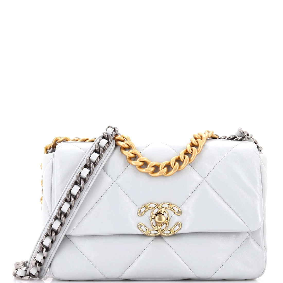 Chanel 19 Flap Bag Quilted Leather: A 19 inch strap drop is the figure to note here, clearing crossbody on most frames, with the 3 inch chain handle as the shoulder alternative. The bag grades Grade B - Excellent. Ten inches of width an