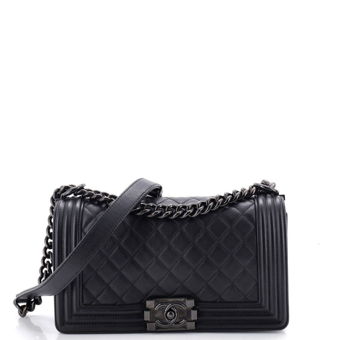 Chanel So Black Boy Flap Bag Quilted Calfskin: The Boy's chunky push-lock disappears into the leather when it is blacked out, which is exactly the appeal of a So Black example. Quilted calfskin at 9.5 x 6 x 3 in gives the boxy Boy silhouette its s