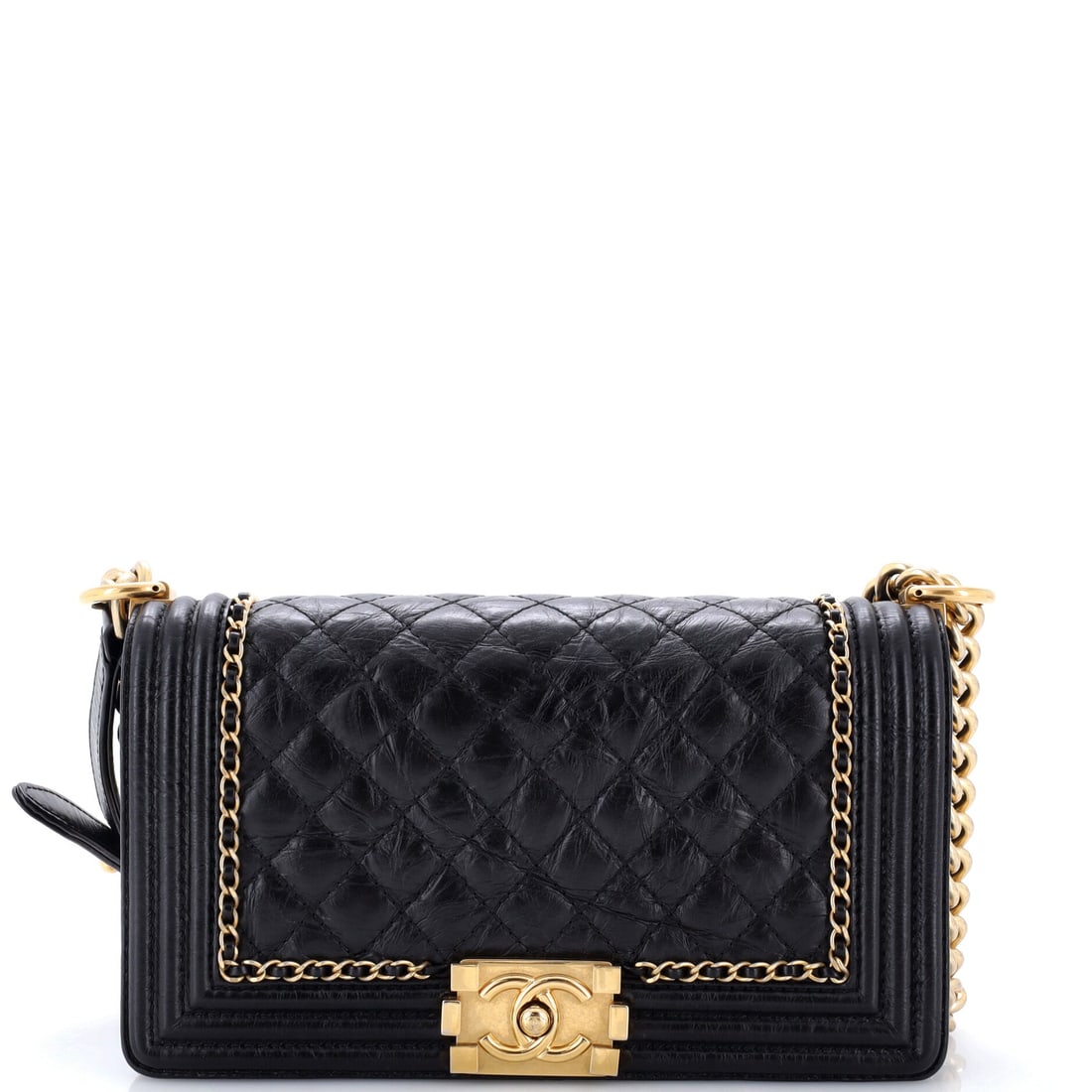 Chanel Jacket Boy Flap Bag Quilted Aged Calfskin: Aged calfskin is what separates a Boy from a Classic Flap: matte, structured, unbothered by handling. Ten inches wide by 6 high with a 3 inch base puts this at the larger Boy proportion, where the box