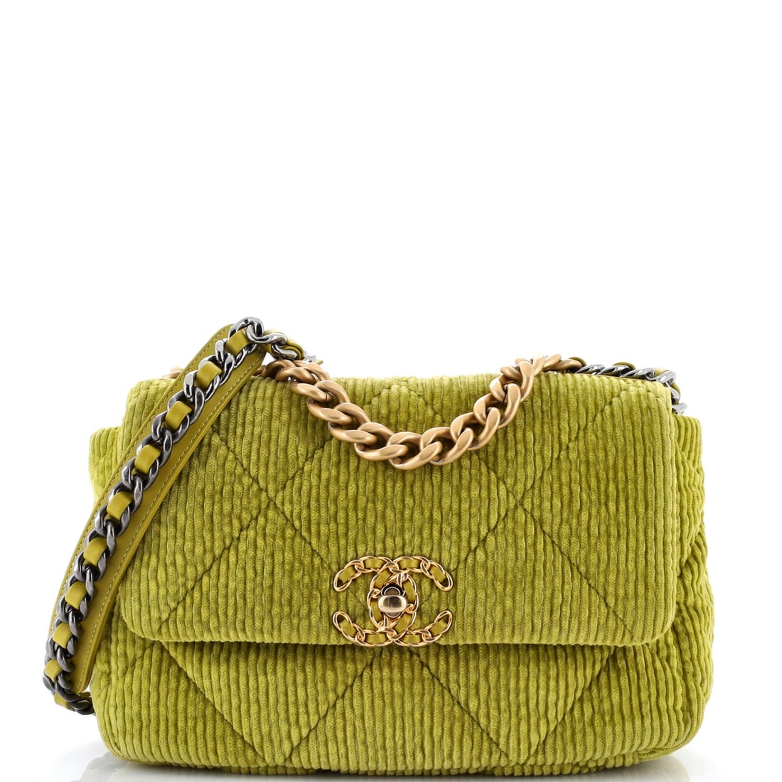 Chanel 19 Flap Bag Quilted Corduroy: Fabric 19s live or die on how the quilting holds its shape, and corduroy gives this one real body across the ten inch front. A 6.5 inch height and 3 inch depth keep it in shoulder-bag proportion rathe
