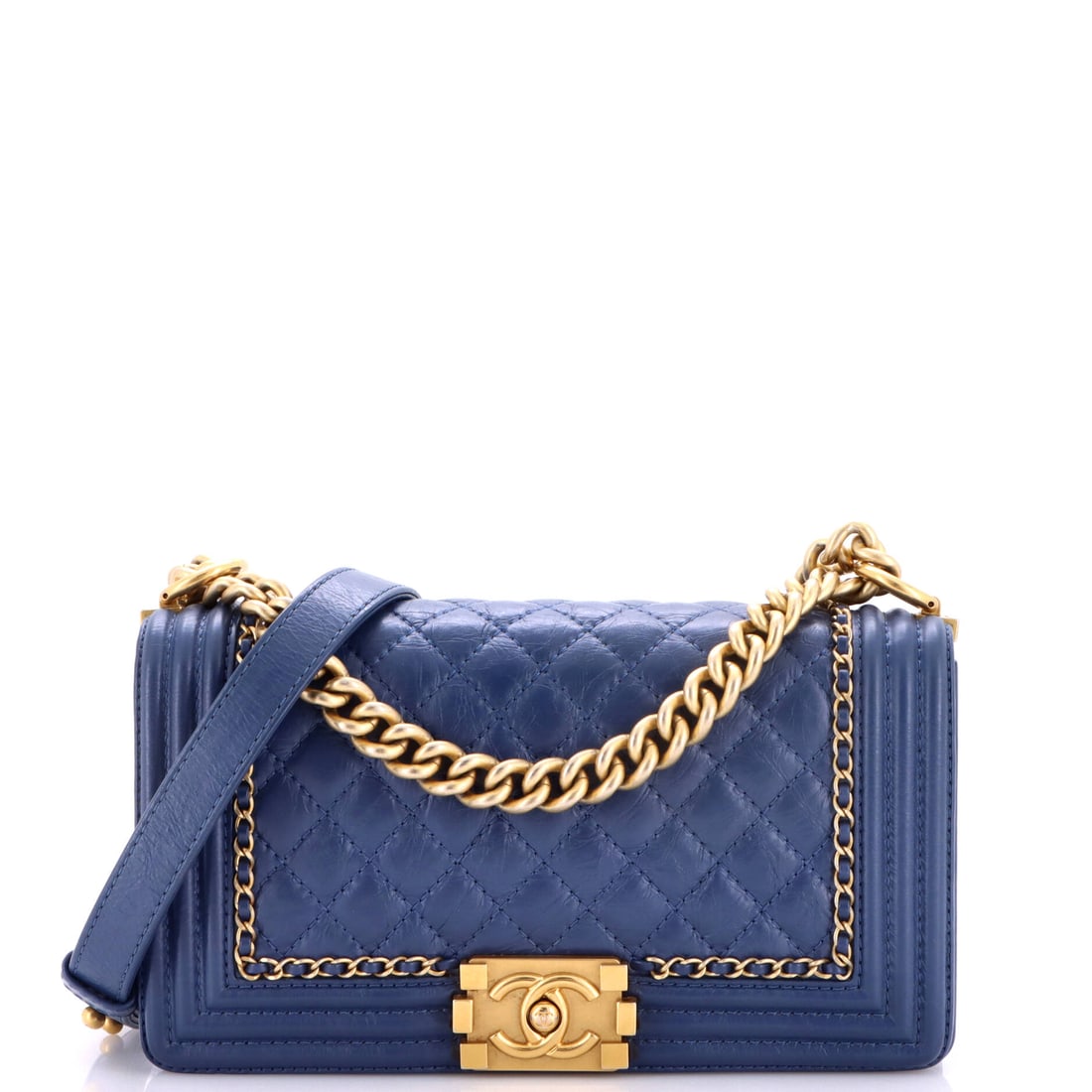Chanel Jacket Boy Flap Bag Quilted Aged Calfskin: Boy flaps live or die on proportion, and 9.5 by 6 inches is the familiar medium that sits flat against the ribs. Aged calfskin takes that rectangular frame and keeps its edges honest through years of 