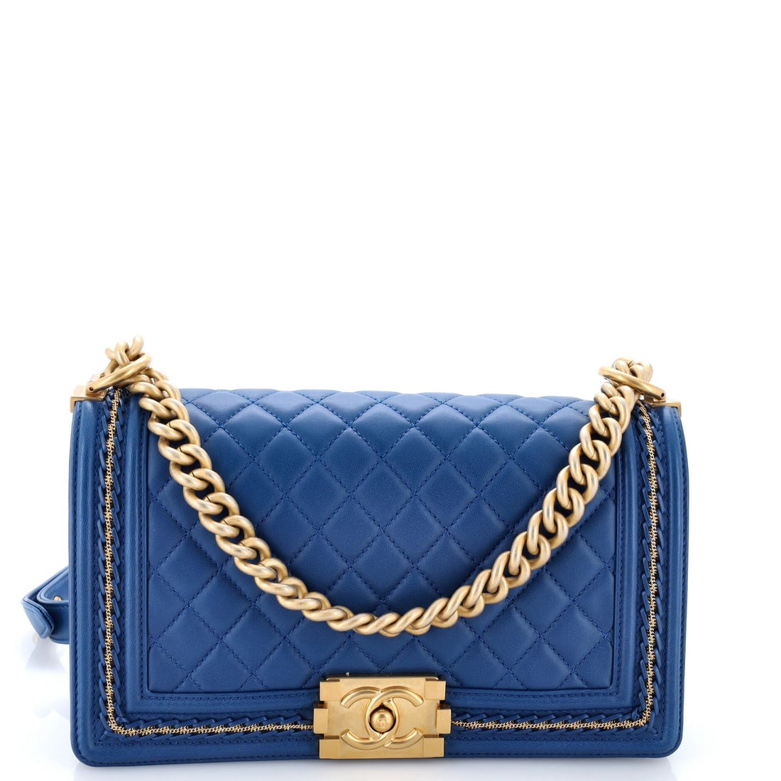 Chanel Boy Flap Bag Quilted Lambskin with Chain Detail: A chain detail lifts this above the plain lambskin Boy, adding metal to the body where the model usually leaves the leather to speak for itself. Proportions are slightly unusual at 10 by 5.5 by 3.5 in