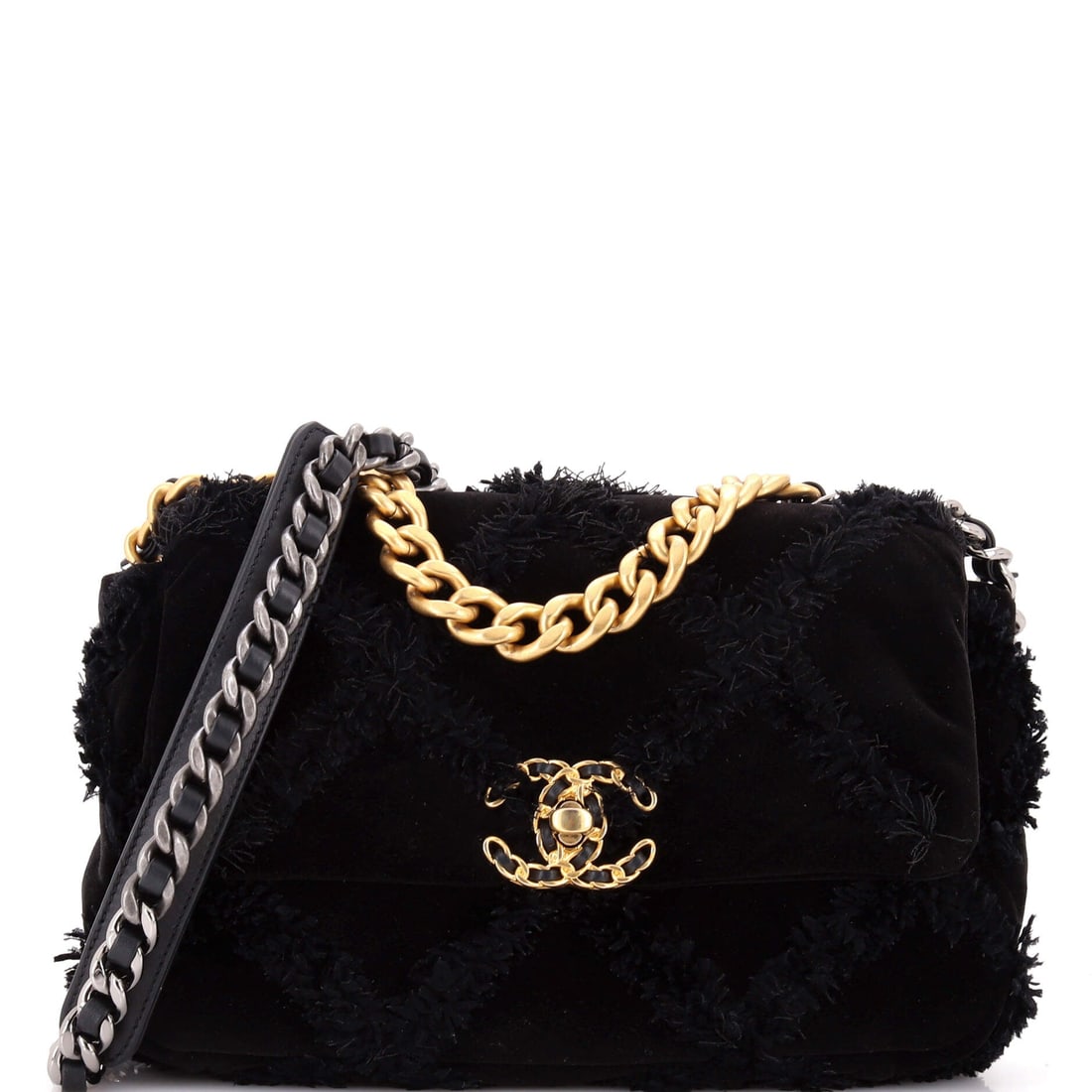 Chanel 19 Flap Bag Quilted Velvet: Velvet on the 19 gives the quilting a deep, light-absorbing nap, and the pile shifts tone as the bag moves. This is a small body at 6.5 inches wide, 6 high and 3.5 deep, near-square and closer to an e