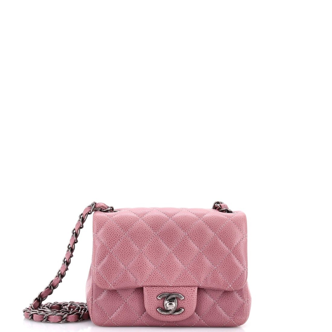 Chanel Square Classic Single Flap Bag Quilted Caviar: Caviar's pebbled grain is the practical choice in a square flap, holding its corners and shrugging off scuffs better than lambskin does. Seven inches wide by 5 high over a 3 inch base, it carries a da