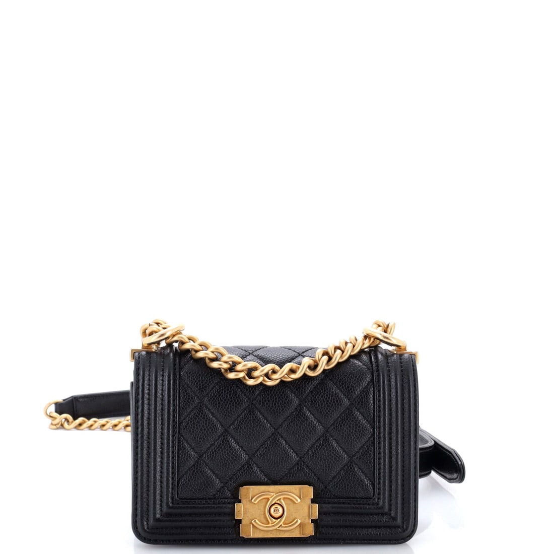 Chanel Boy Flap Bag Quilted Caviar: Six inches wide, four high and two deep, this is the compact end of the caviar range, closer to an evening piece than a daily carry. The quilting shrinks with the body, so the diamonds sit tight and t
