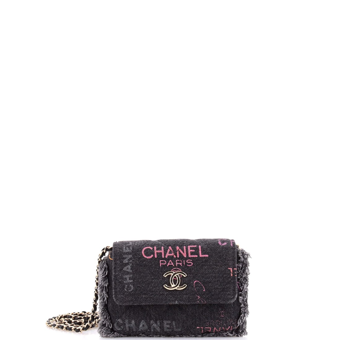 Chanel Denim Mood Flap Clutch with Chain Logo Printed Quilted Fringe Denim: At 5.5 inches across, this is the smaller cut of the Denim Mood clutch, and the logo print sits tight across the reduced panel. Offered at Grade A - Pristine. Fringe along the edge adds texture withou