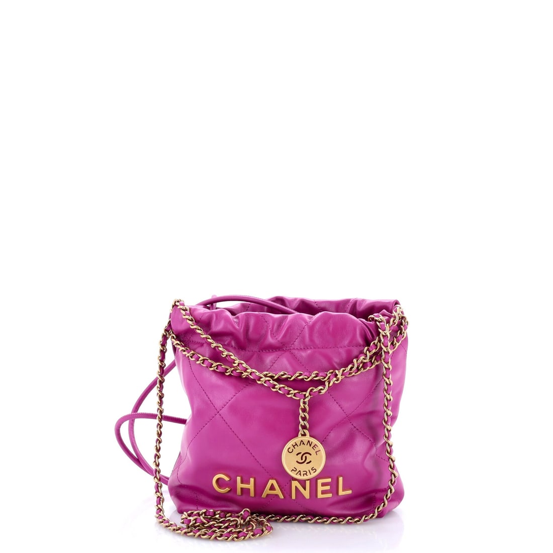 Chanel 22 Chain Hobo Quilted Calfskin: Quilting at 22 scale on a 6.5 in wide body means only a few diamonds per panel, so the effect is graphic rather than allover. Height runs to 7.5 in with 2.5 in of depth, taking phone, keys and cards w