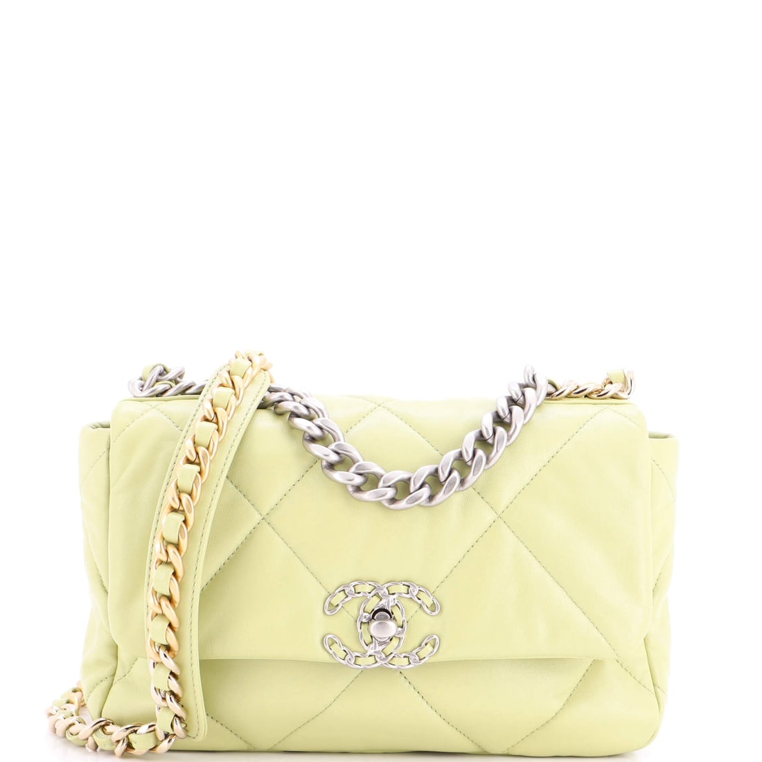 Chanel 19 Flap Bag Quilted Leather: Leather takes the 19's quilting with more definition than the fabric versions manage, holding the diamonds proud across a ten inch panel. At 6.5 inches tall and 3.5 deep this one is compact without be