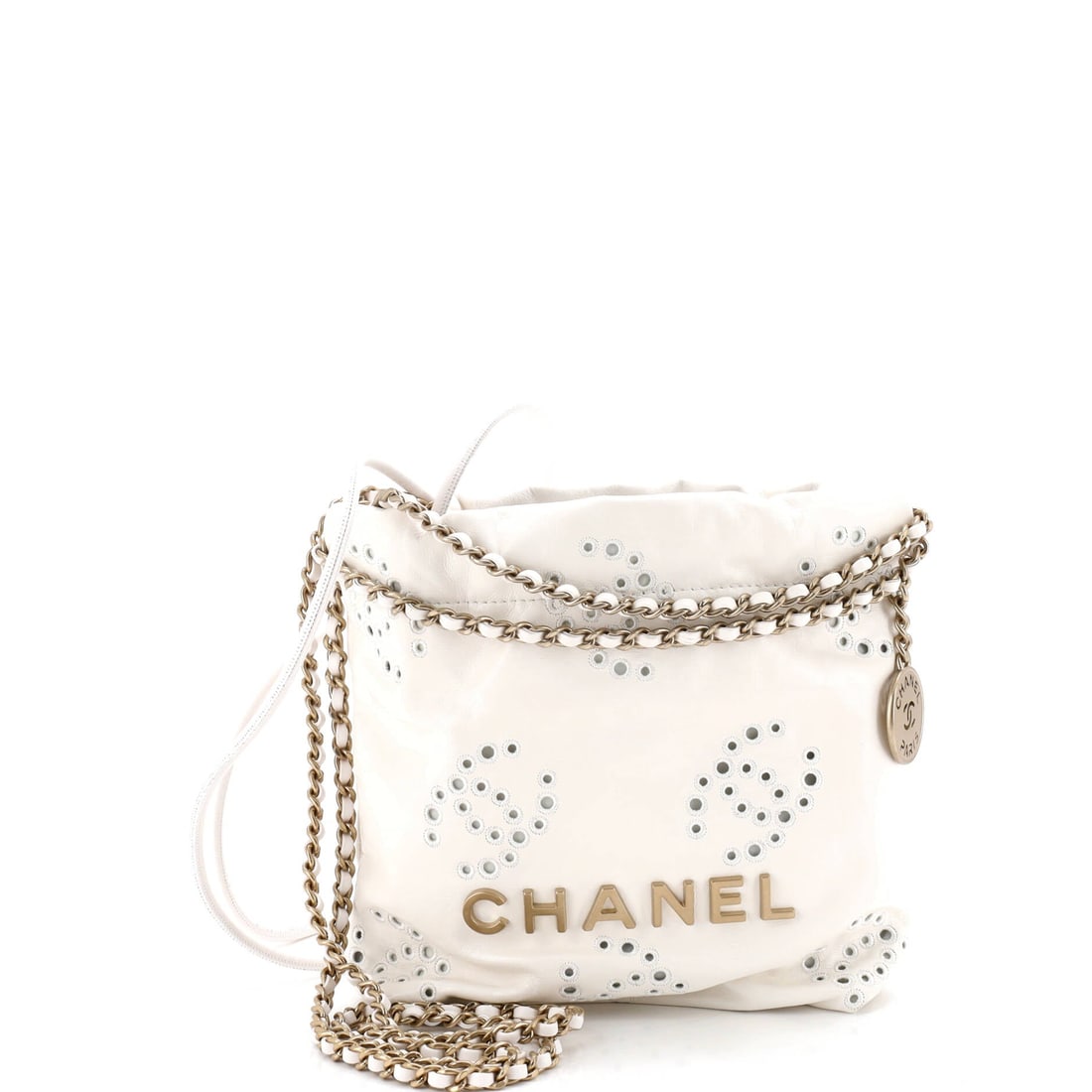 Chanel 22 Chain Hobo CC Eyelet Embroidered Calfskin: The 22's hobo sits tall rather than wide, 7.5 inches high against 6.5 across and only 2.5 deep, so it hangs in a soft column from the chain. CC eyelet embroidery across the calfskin takes the place of