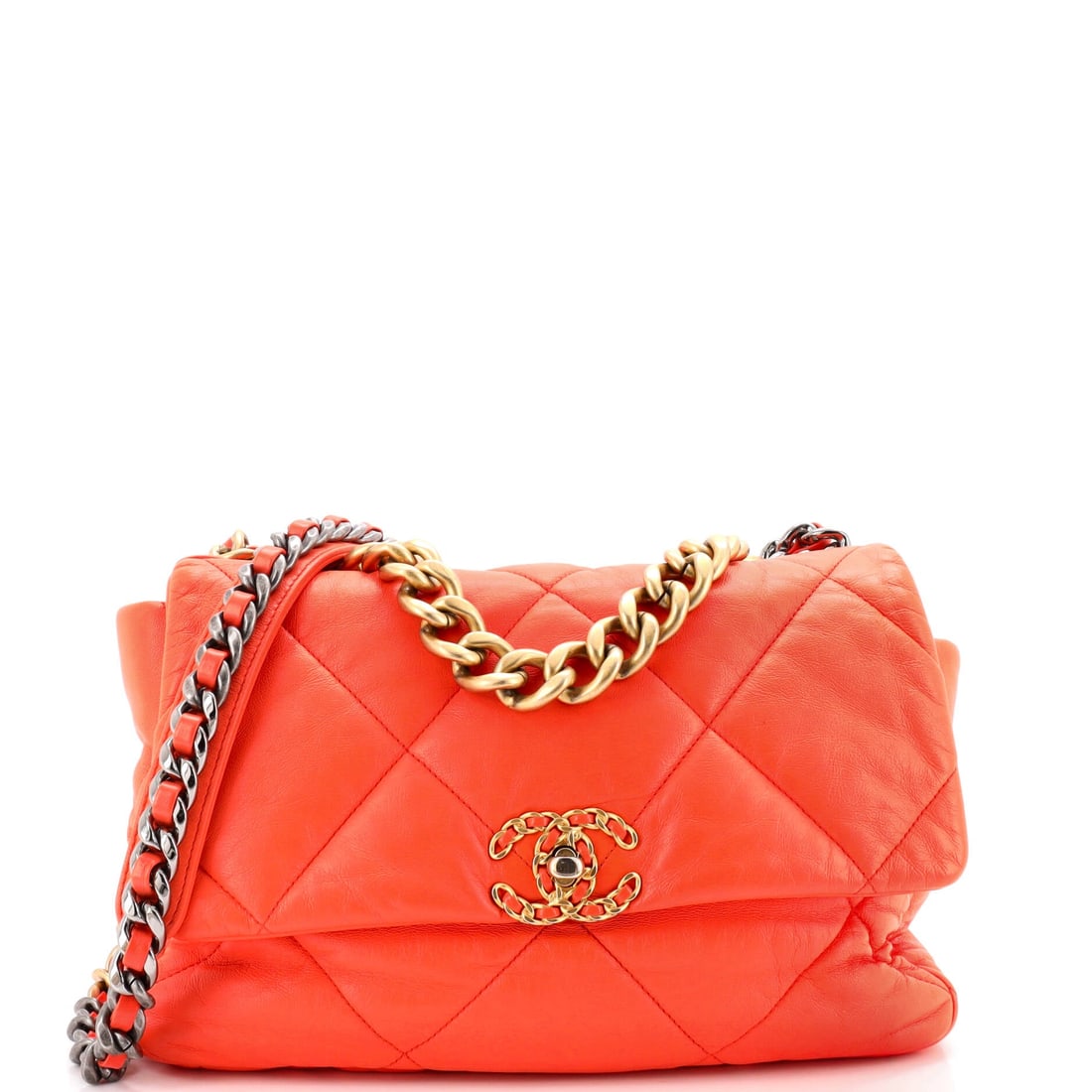 Chanel 19 Flap Bag Quilted Leather: Four inches of depth on an 11.5 inch width lets this 19 carry like a small tote while keeping the flap silhouette. The 14.5 inch strap drop is shoulder length; the four inch chain handle gives a hand 