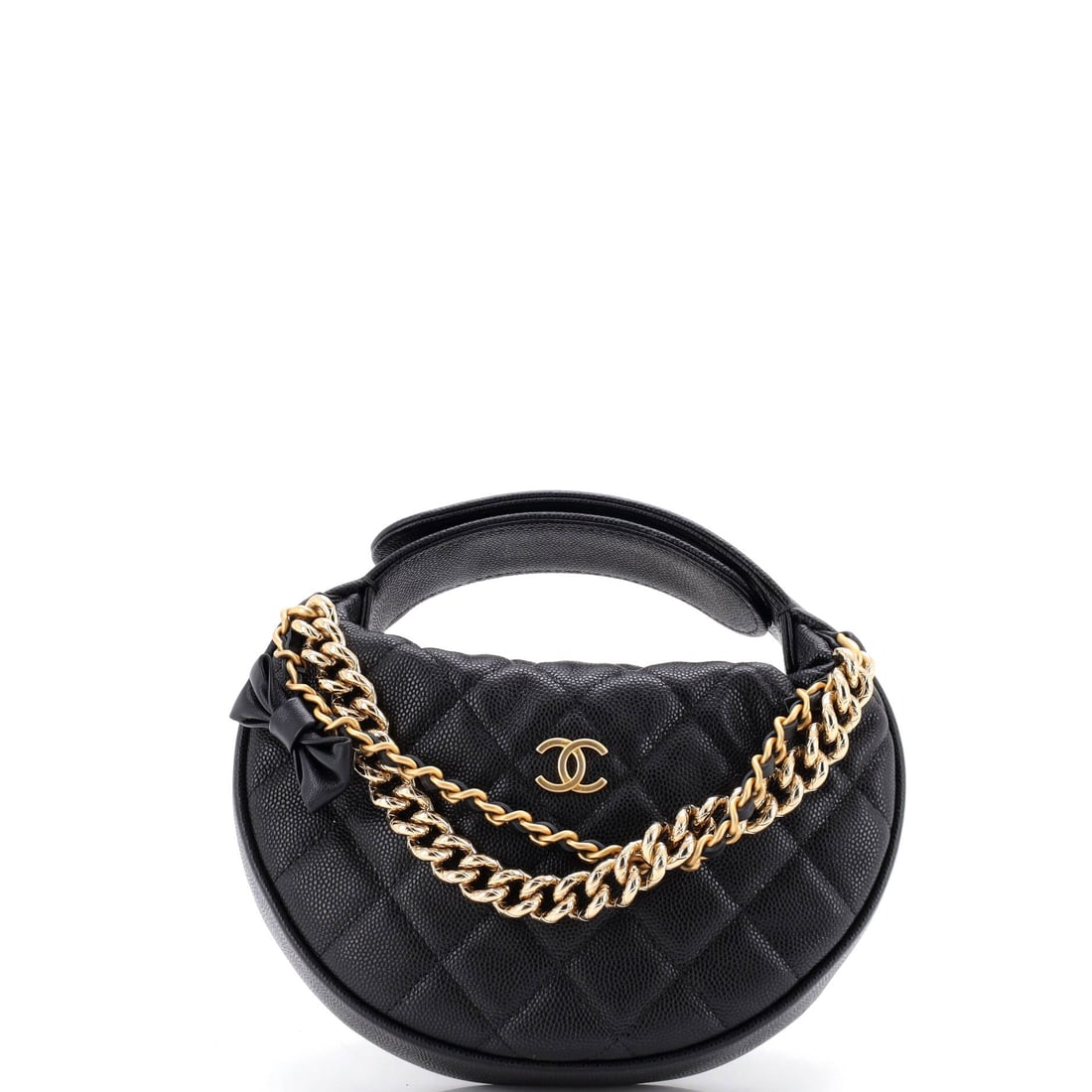 Chanel Double Chain Bow Hobo Pouch Quilted Caviar: The bow at the front is what separates this pouch from Chanel's plainer chain-strap smalls, giving a soft focal point above the quilted caviar. Proportions run 7 inches wide, 6.5 tall and 3 deep, so i