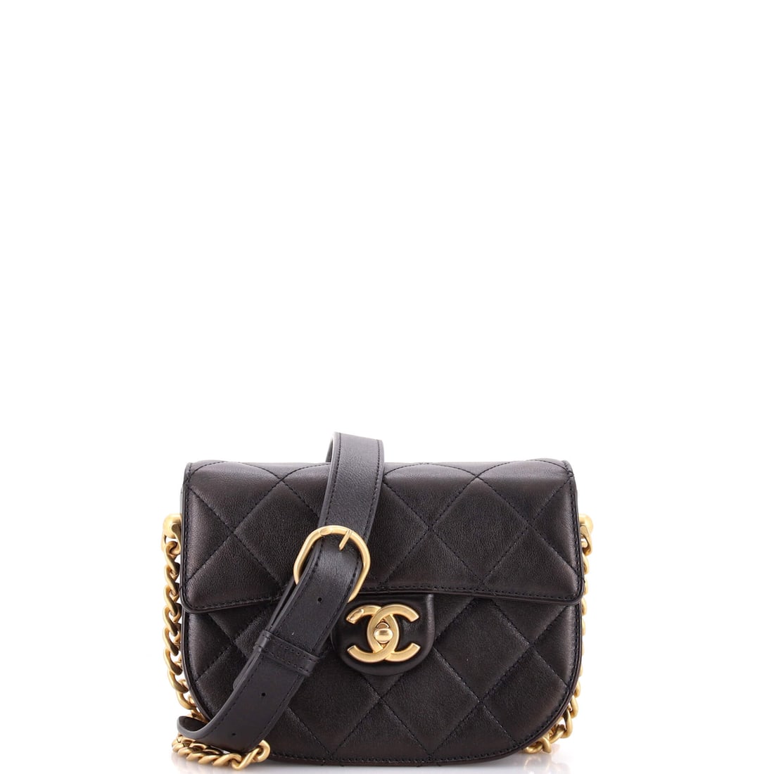 Chanel Moon Flap Messenger Bag Quilted Calfskin: Smaller and deeper than the standard Moon at 7.5 by 5.5 inches with a 3 inch base, this one carries vertically rather than spreading across the hip. Calfskin quilting gives the messenger shape enough 