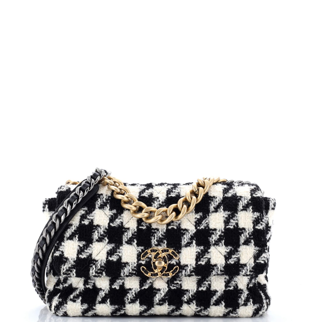 Chanel 19 Flap Bag Quilted Tweed: Maxi proportion is what separates this one: 11.5 inches wide, 8 tall and 4 deep, considerably more bag than the standard 19 and enough for a slim laptop. Tweed at that scale shows its weave clearly ac