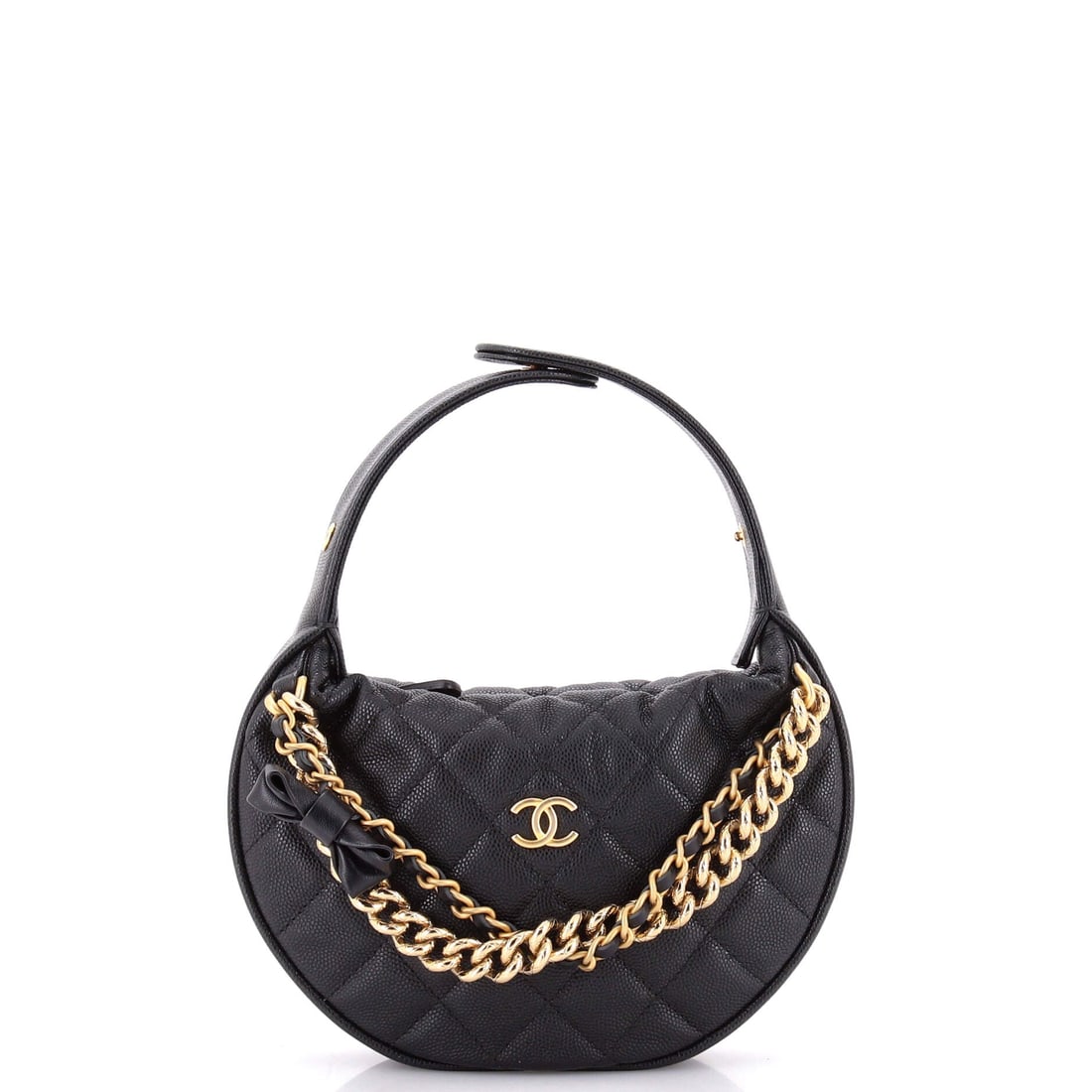 Chanel Double Chain Bow Hobo Pouch Quilted Caviar: Eight inches of width makes this the roomiest cut of the Double Chain Bow Hobo Pouch on offer, and with 6.5 inches of height over a 3-inch base it moves closer to a genuine day-into-evening bag. Grain