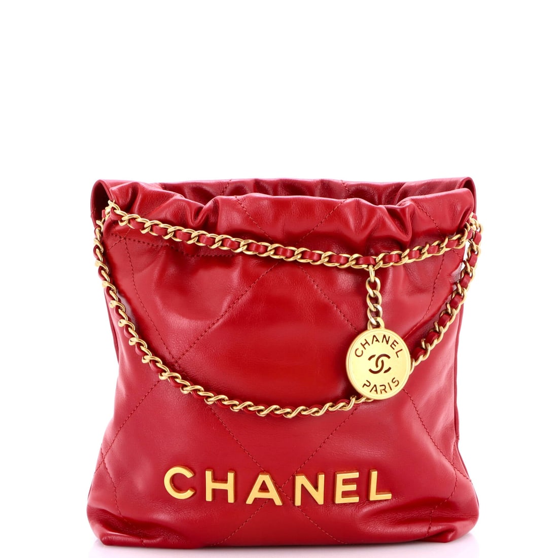 Chanel 22 Chain Hobo Quilted Calfskin: The 22's smallest register, in quilted calfskin, holding to 6.5 x 7.5 x 2.5 in. Proportionally the closure and chain dominate, which reads deliberate rather than accidental on this line. Grade B - Exc