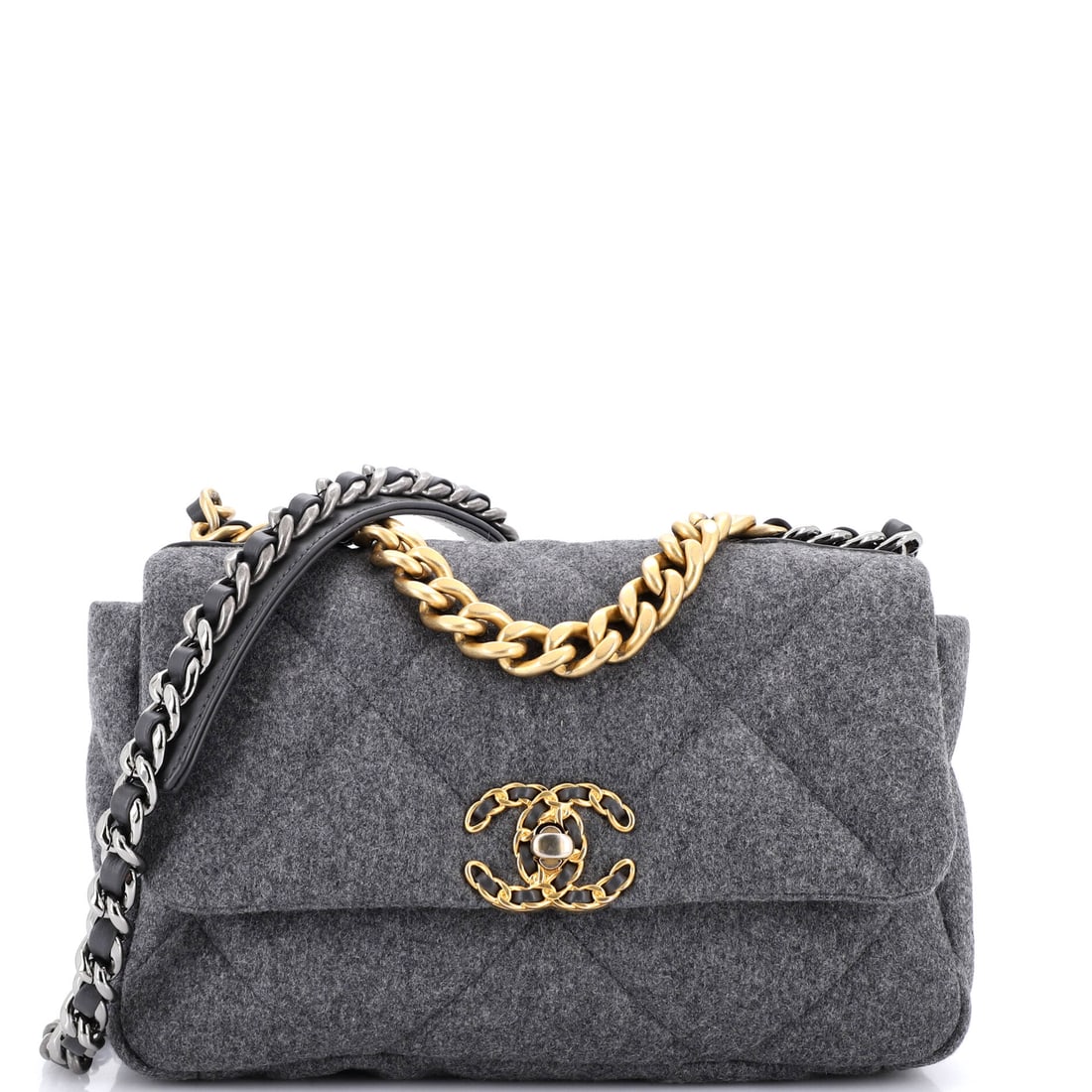 Chanel 19 Flap Bag Quilted Wool: The quilt lines sit high on wool, so the 19's exaggerated diamonds read almost architectural across the front flap. Standard proportions apply, 10 inches wide, 6 high and 3 deep, which is the version 