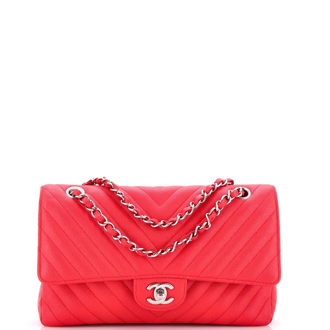 Chanel Classic Double Flap Bag Chevron Caviar: Chevron caviar reads sharper than the diamond quilt, and pebbled leather holds those angles without puckering. At 9.5 by 6 by 3 inches this is the everyday size, with 9 inches of doubled chain and 16 