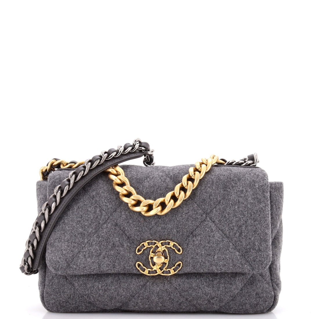 Chanel 19 Flap Bag Quilted Wool: Fabric bodies wear differently from leather: this wool 19 softens and slouches rather than creasing, and at 10 x 6 x 3 inches it slumps agreeably when set down. The mixed-metal chain is the only hard 