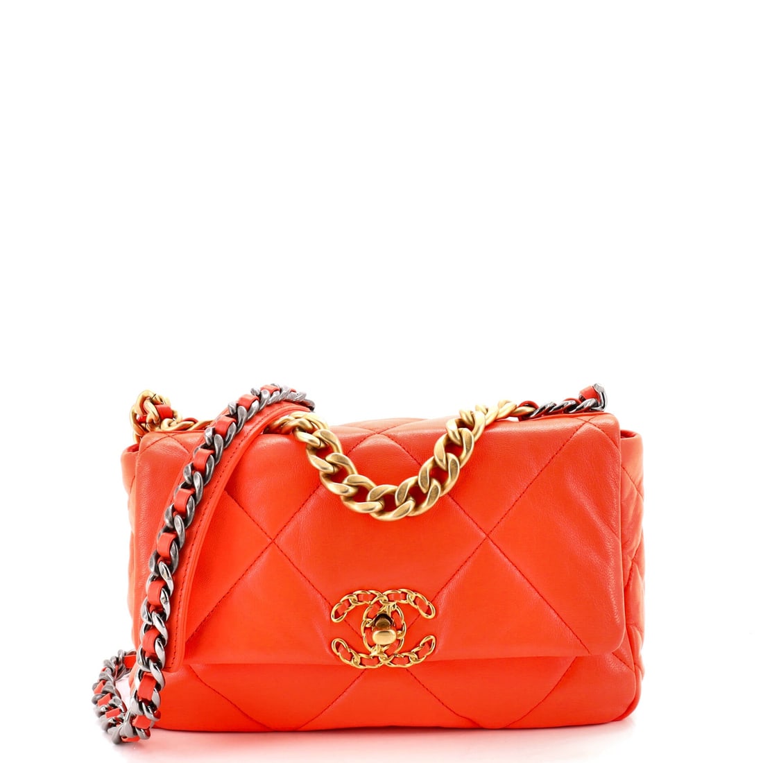 Chanel 19 Flap Bag Quilted Leather: The compact end of the leather 19 measures 9.5 inches across on a 6.5 inch height, small enough to wear at night and deep enough at 3.5 inches for a day's essentials. A 19 inch strap drop clears cross