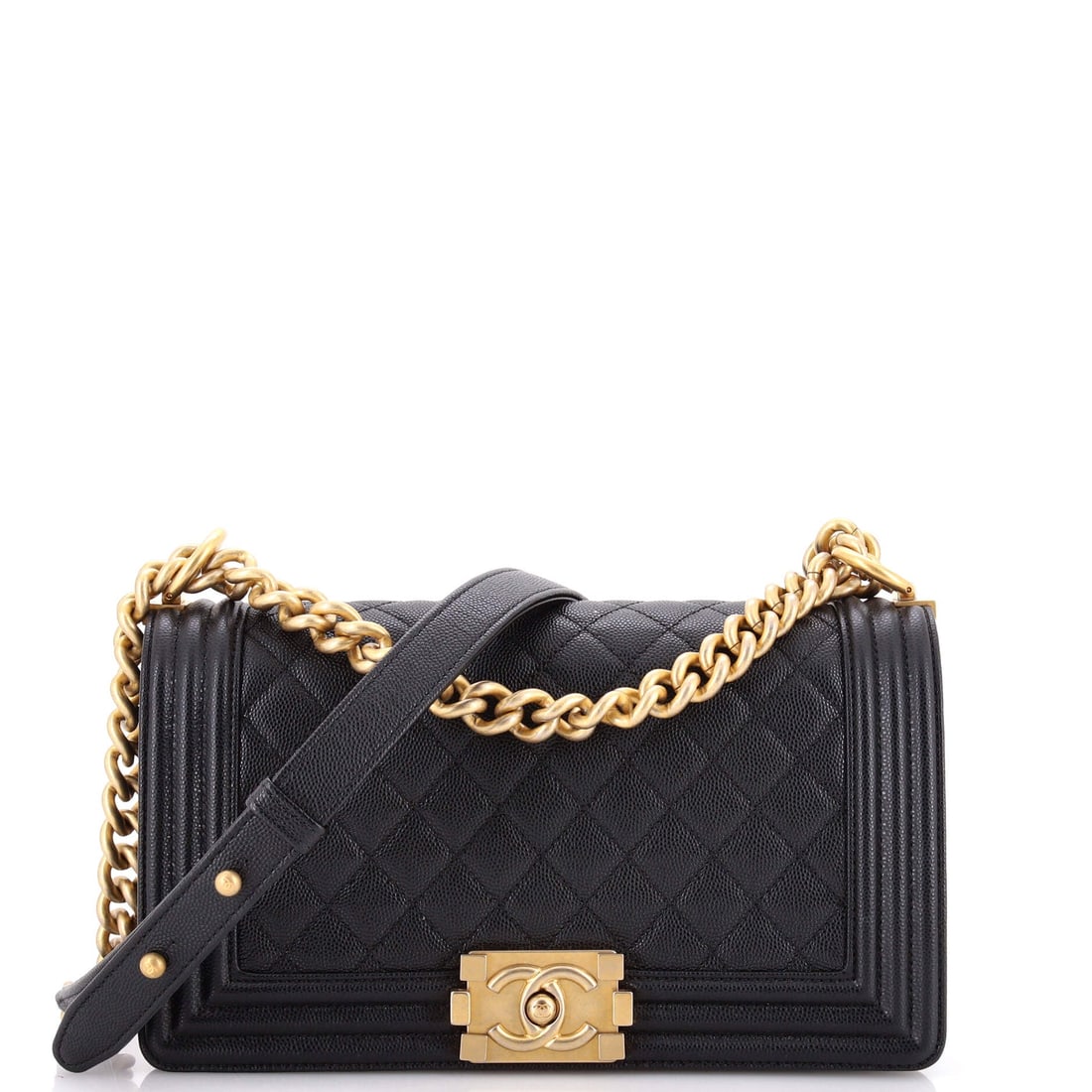 Chanel Boy Flap Bag Quilted Caviar: Ten by six by three inches gives the caviar Boy working volume without tipping into the oversized cuts, and the 20-inch strap makes diagonal wear comfortable at that weight. Doubled, the chain leaves 