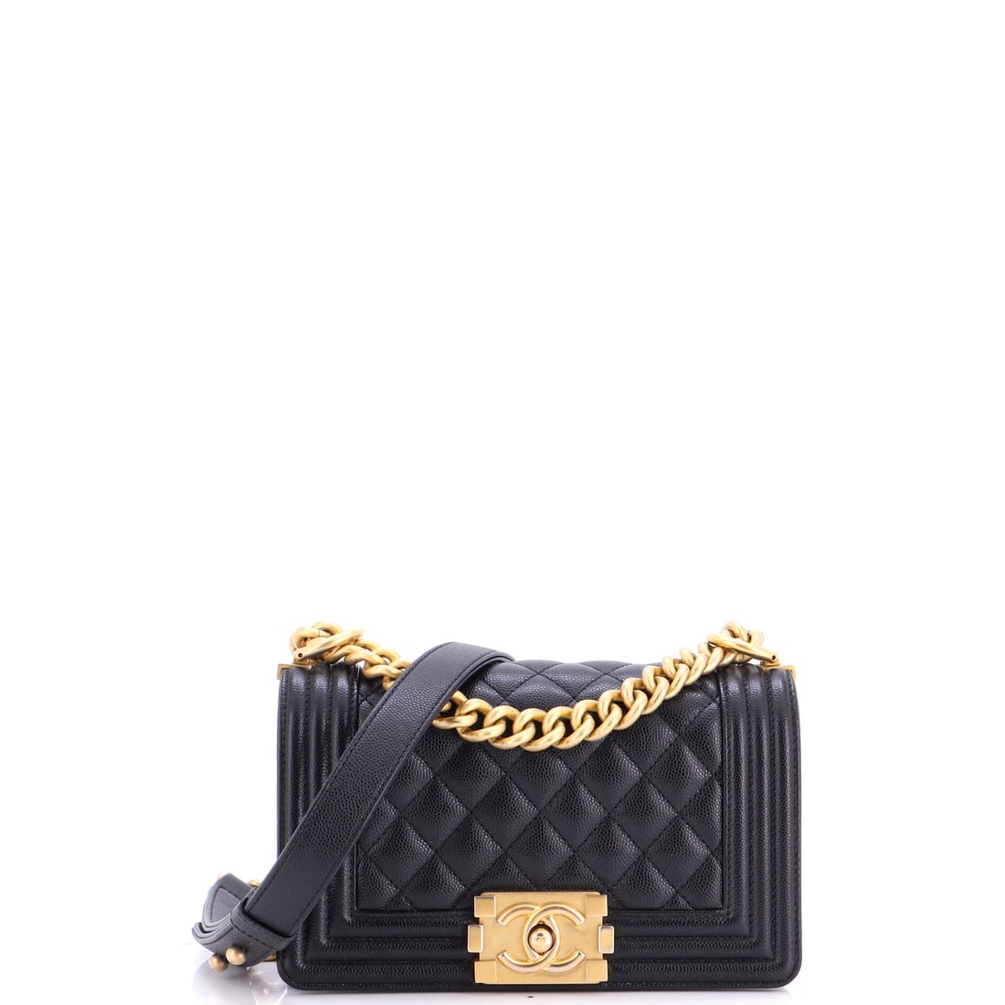 Chanel Boy Flap Bag Quilted Caviar: Worn on the shoulder at 11.5 inches, this quilted caviar Boy lands just above the hip, which is where the boxy 8 by 5 by 3 inch shape looks best. Pebbled leather is the low-maintenance option in the l