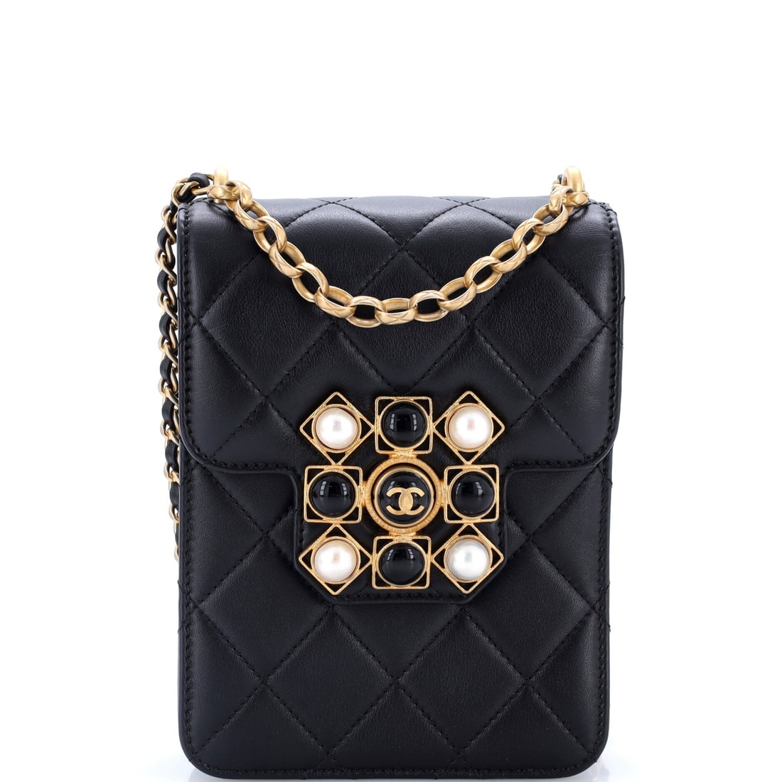 Chanel Resin and Pearl CC Flap Bag Quilted Calfskin: The vertical 5 x 7.5 in silhouette turns the usual Chanel proportion on its side, and the resin-and-pearl CC on the front is the reason to look. Quilted calfskin keeps the body structured through that