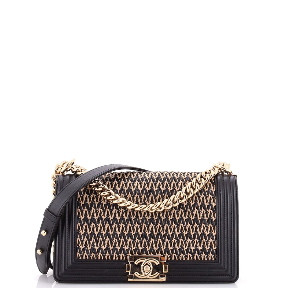 Chanel Boy Flap Bag Chevron Woven Raffia and Leather: Raffia woven in chevron and framed with leather gives this Boy a textural, warm-weather read while the metal push-lock keeps it anchored to the line. It is one of the larger cuts at 10 by 6 by 3 inche