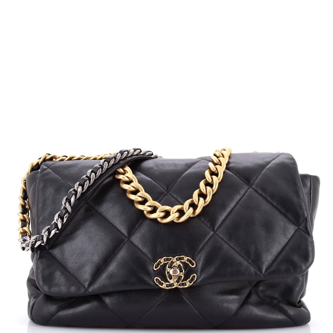 Chanel 19 Flap Bag Quilted Leather: Weekend capacity in flap-bag lines: fourteen inches wide, ten tall, 4.5 deep, in quilted leather. The five inch chain handle matters more than usual at this size, since a 14 inch strap drop keeps the 