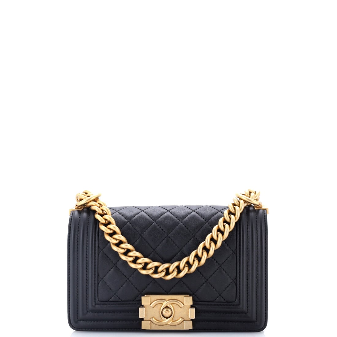 Chanel Boy Flap Bag Quilted Lambskin: Soft quilting against hard architecture is the appeal of a lambskin Boy, and the tension holds up at this 8 by 5 by 3 inch scale. The chain gives 21 inches across the body or 12 on the shoulder, cover