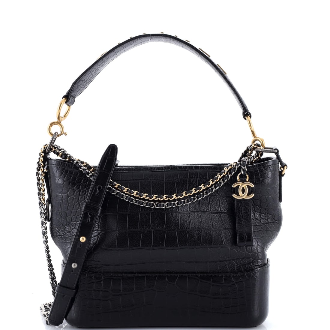 Chanel Gabrielle Hobo with Logo Handle Crocodile Embossed Calfskin: Ten and a half inches across, 8.5 high and 4 deep, this is the large Gabrielle with the logo handle, and it takes a folder or a slim sleeve without complaint. The 7.5-inch handle drop is a hand-and-fo