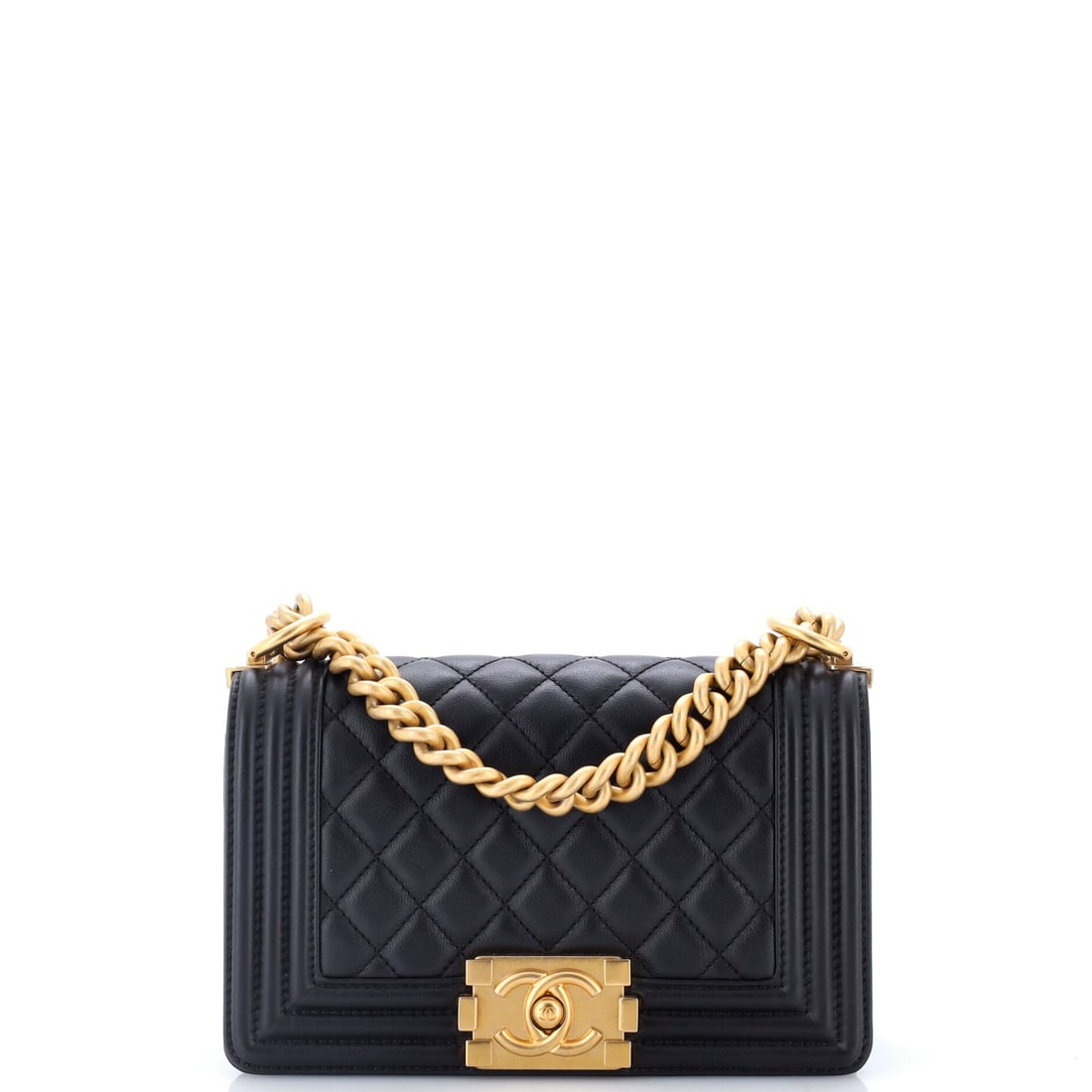 Chanel Boy Flap Bag Quilted Lambskin: Push-lock closed, the flap here sits almost flush and the quilting runs uninterrupted from frame to frame. Everyday proportions of 8 by 5 by 3 inches keep it useful for work hours, and the 21-inch dro
