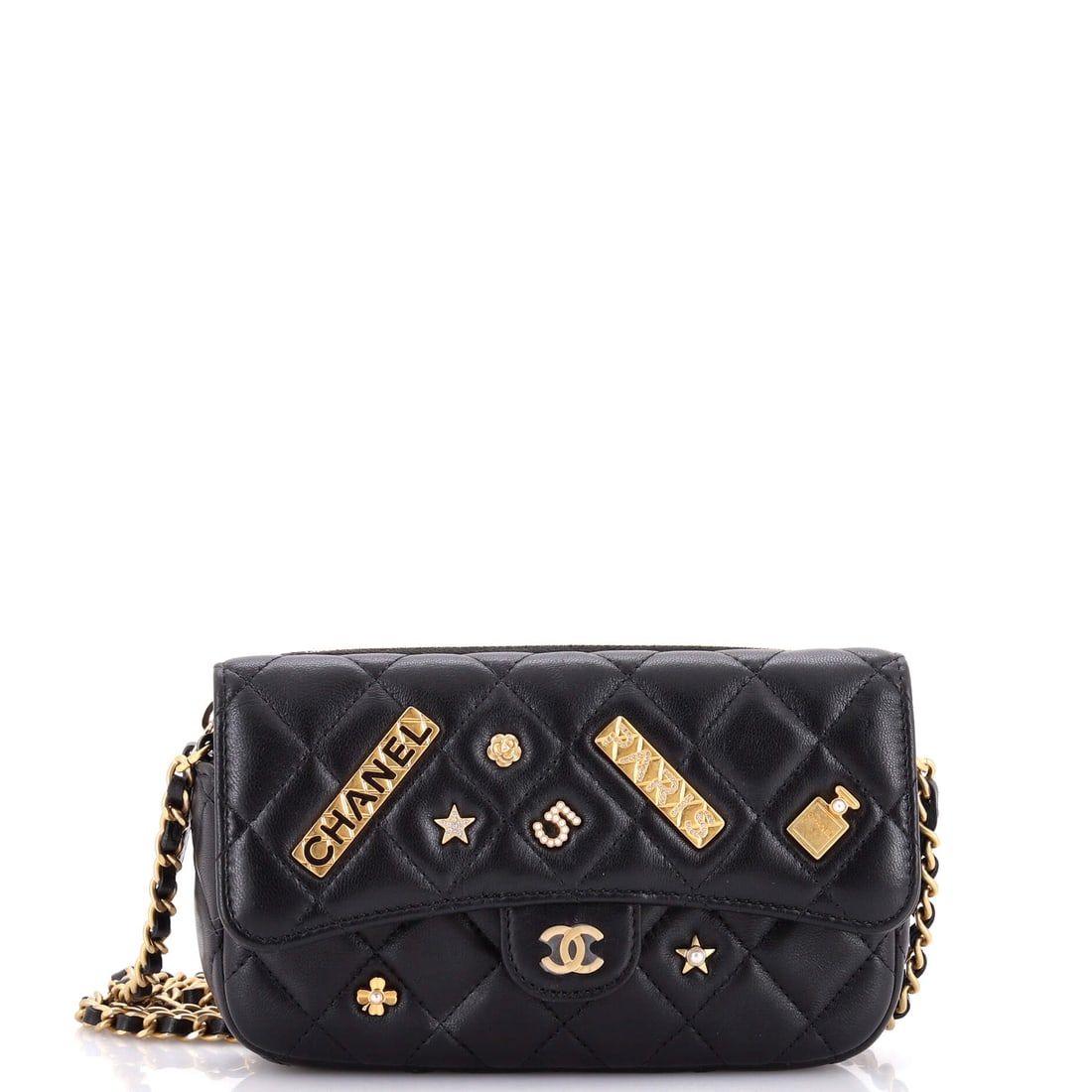 Chanel Lucky Charms Classic Flap Phone Holder with Chain Quilted Lambskin: Phone holders are the newest branch of the Classic Flap family, and the lucky charms hung on this one make it the decorative version. Seven inches wide by 4.5 high with a 2 inch gusset takes a large p