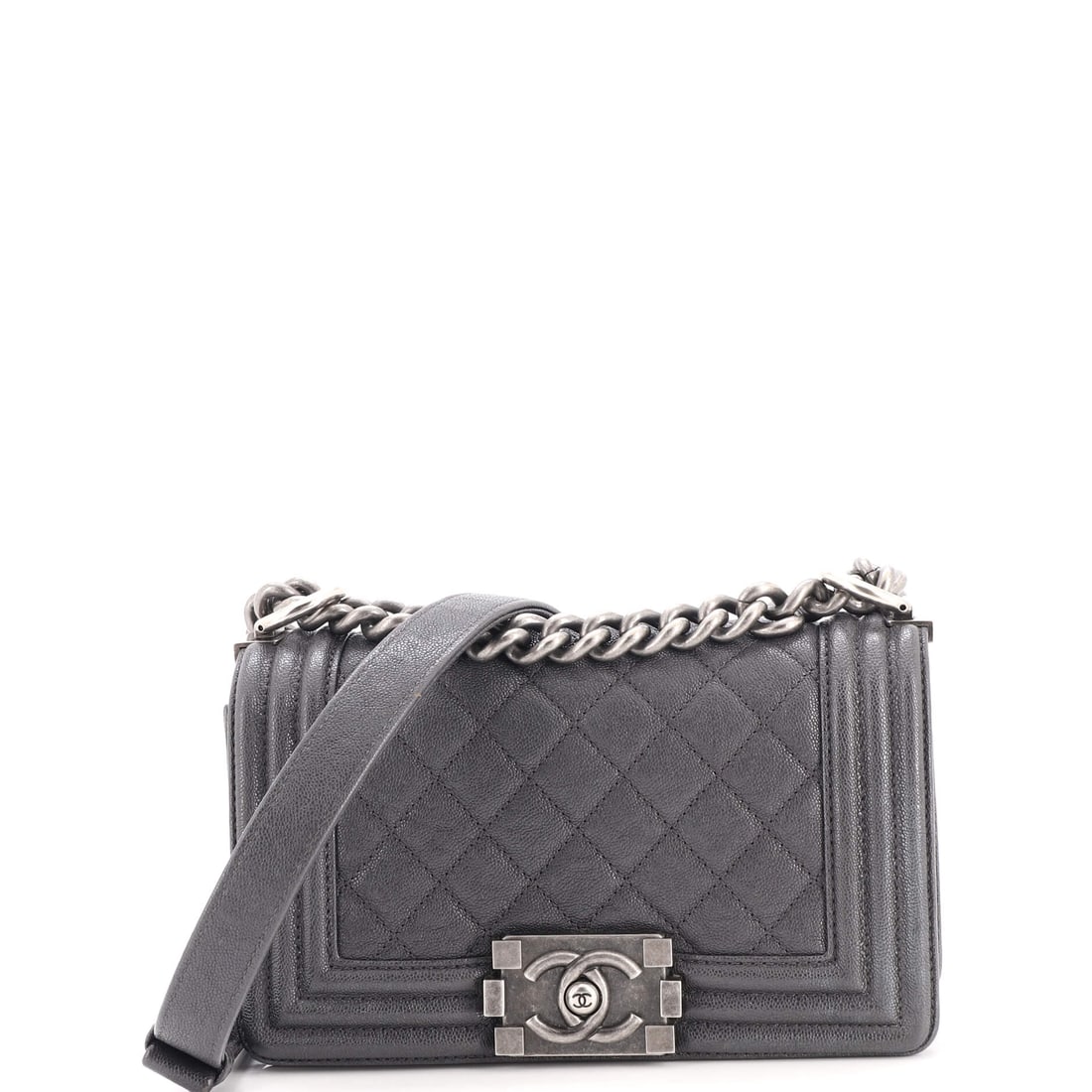 Chanel Boy Flap Bag Quilted Caviar: Pebbled caviar and a chunky clasp are the two things bidders come to this model for, and both are working here on an 8 by 5 by 3 inch body. Marked Grade B - Excellent. The chain drops 11.5 inches, a s