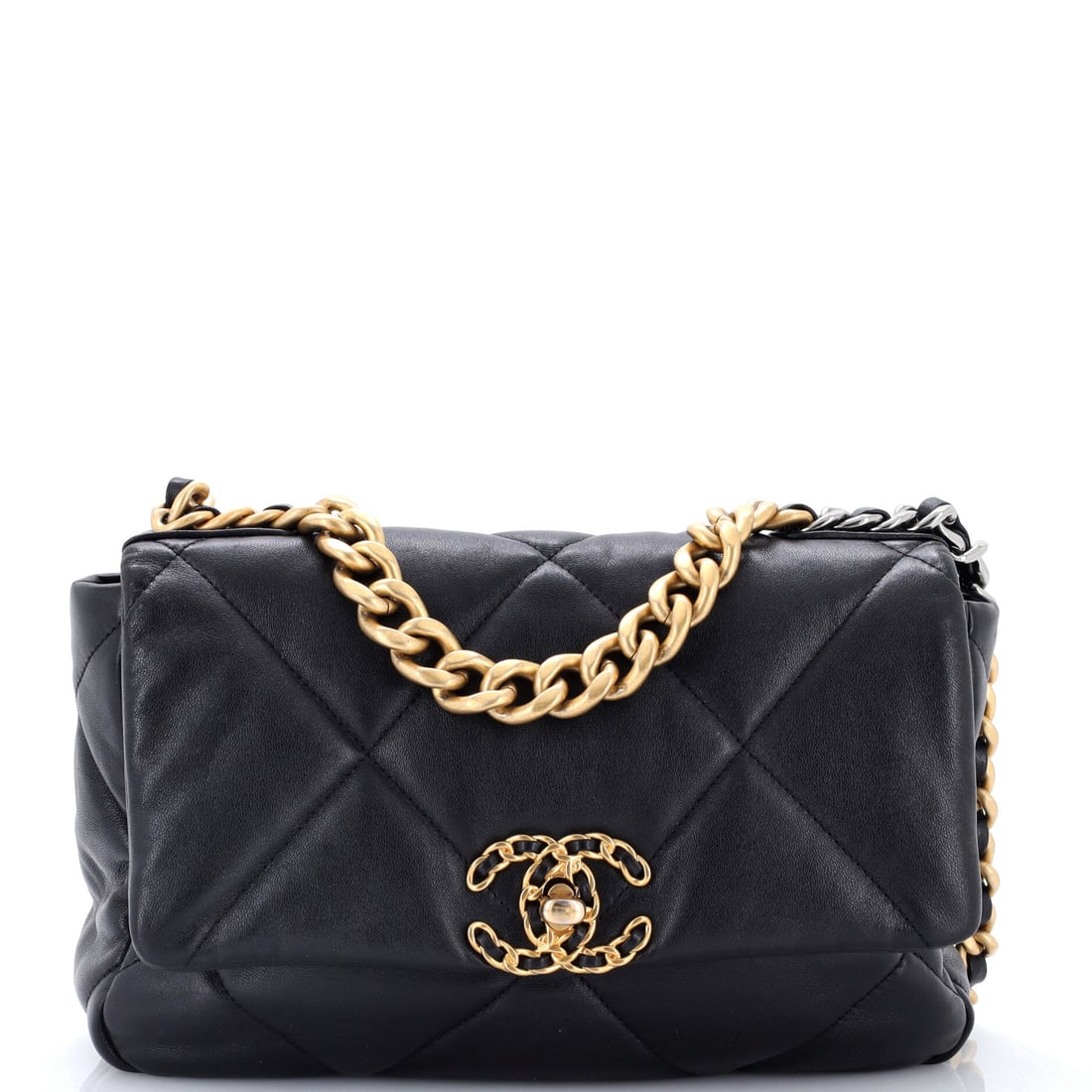 Chanel 19 Flap Bag Quilted Leather: The double-C turnlock is deliberately heavy, and on a compact leather 19 like this it dominates the front panel. Ten by 6.5 inches with a 3.5 inch depth, a 3 inch chain handle and a 19 inch strap drop