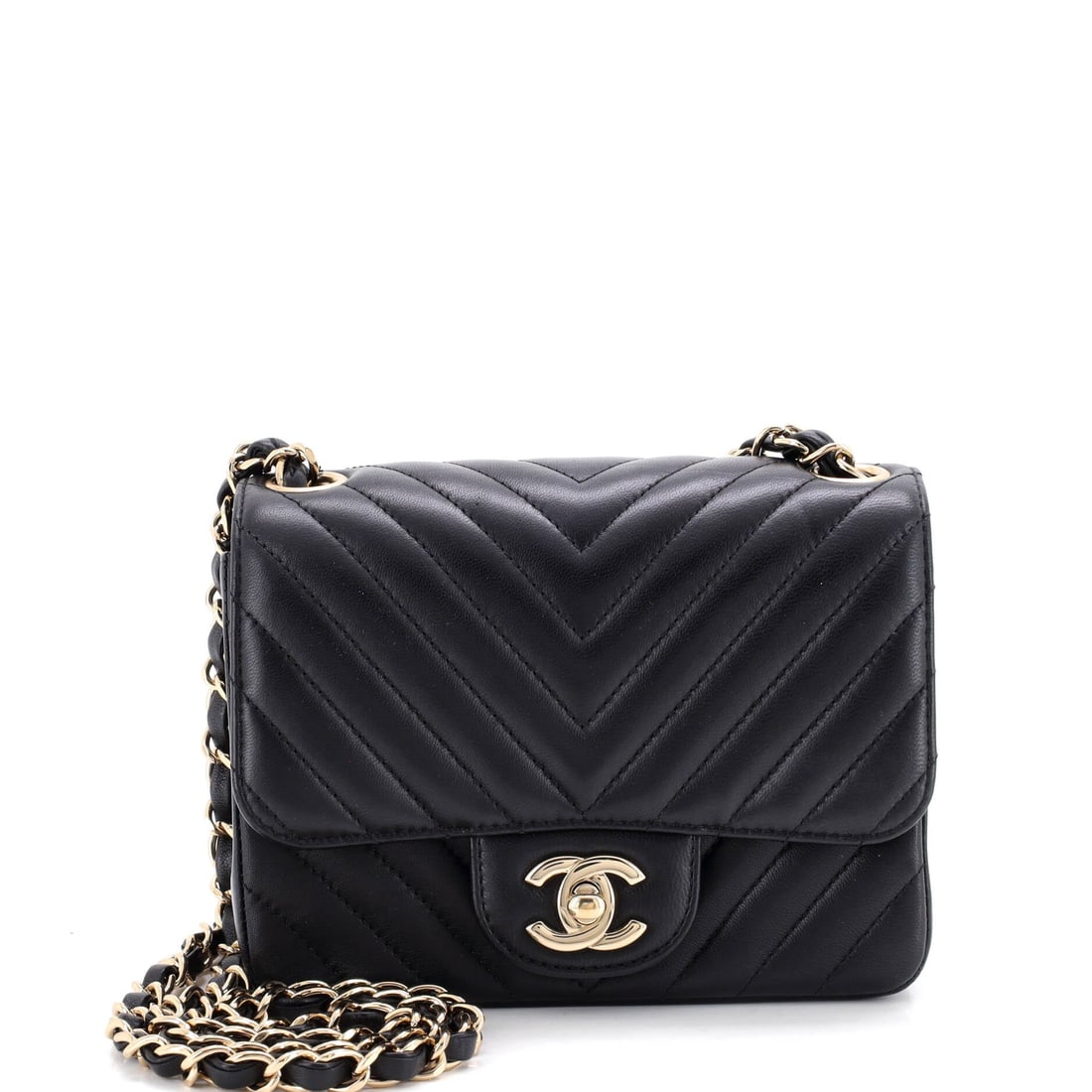 Chanel Square Classic Single Flap Bag Chevron Lambskin: Chevron lambskin gives this square single flap a directional graphic that reads cleaner than a diamond grid at small scale. At 6.5 inches wide and 5 high with 3 inches of depth, it holds a phone, a ca