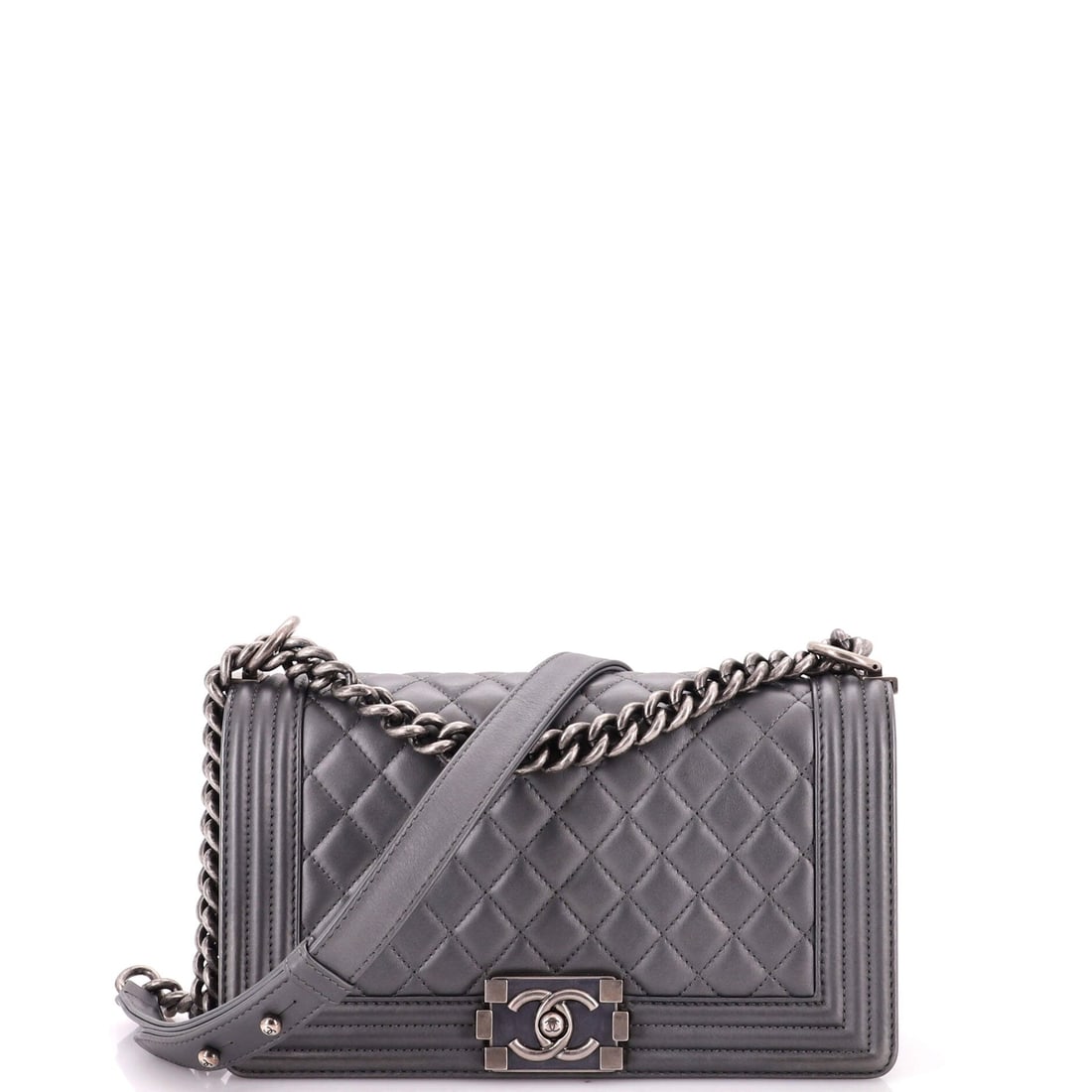 Chanel Boy Flap Bag Quilted Metallic Calfskin: Quilted metallic calfskin gives this Boy flap a harder shine than the caviar versions, and the chunky push-lock reads bolder against it. W 10 x H 6 x D 3 in puts it in the everyday range, compact but 