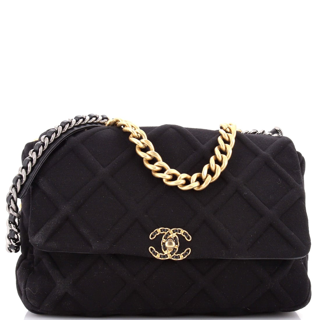 Chanel 19 Flap Bag Quilted Jersey: Quilted jersey on a 13.5 by 10 inch frame gives a large 19 that weighs almost nothing empty, which is the whole reason the material works at that footprint. Four inches of depth and a 14 inch strap dr