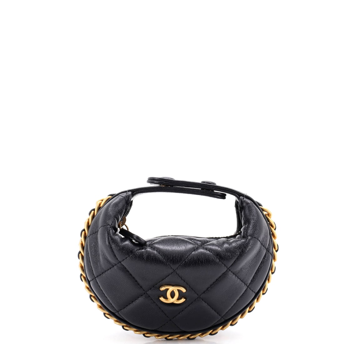 Chanel Chain Around Hobo Pouch Quilted Lambskin: Small soft pouches are where Chanel's quilting has to work hardest, and lambskin over a 6 by 4 inch panel holds the diamonds cleanly. The chain-around trim gives an otherwise plain shape its hardware 