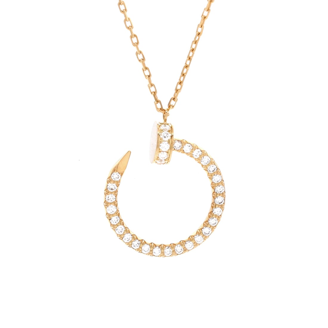 Cartier Juste un Clou Pendant Necklace 18K Yellow Gold and Pave Diamonds: A long chain by the standards of this line, adjustable from 16.25 to 17.75 in, drops the pave nail loop below the collarbone and opens it up to layering. The pendant runs 22.7 mm by 18.8 mm in yellow 