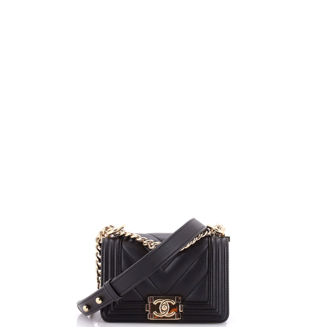 Chanel Boy Flap Bag Chevron Lambskin: Small at 6 by 4 by 2.5 inches, this Boy is an evening-into-daytime proposition rather than a work bag, holding a phone, cardholder and keys and little more. The chevron lambskin runs in a tight repeat