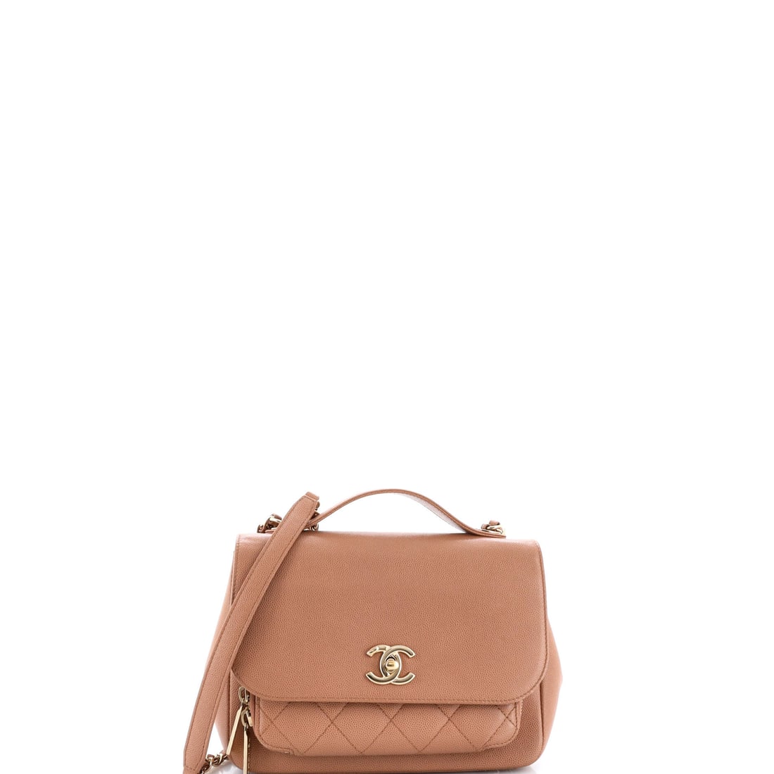 Chanel Business Affinity Flap Bag Quilted Caviar: Nine inches across is the generous end of the Business Affinity range, and it shows in how much the bag swallows without looking loaded. Quilted caviar over a 6.5 in height and 3 in depth keeps conten