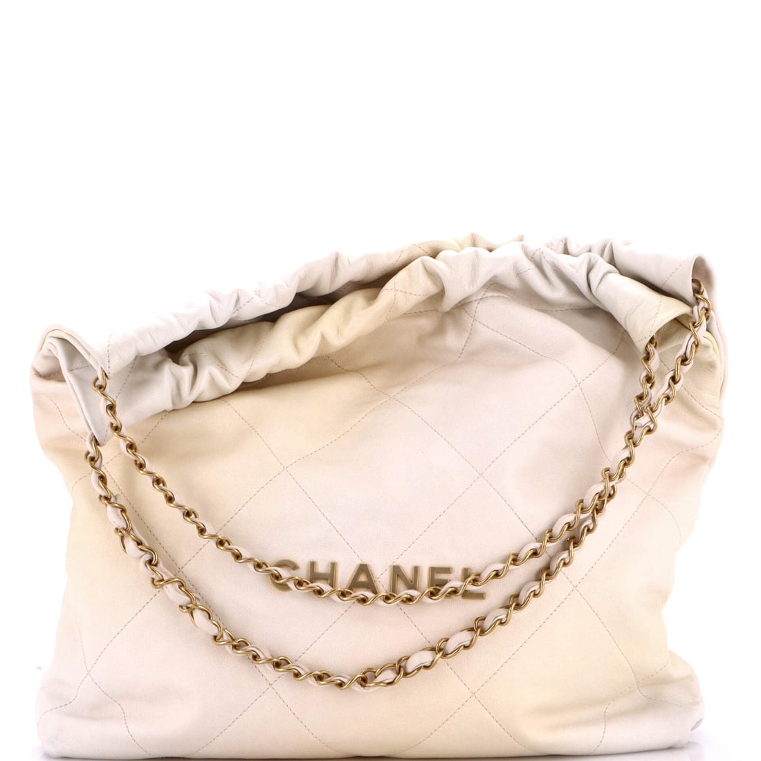 Chanel 22 Chain Hobo Quilted Ombre Leather: Ombre leather on a large 22 gives the gradient room to develop, running across a 14 in width and a 13 in height. The 3 in depth keeps this one flatter than the tall shopper versions. The bag is Grade 
